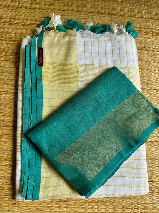 തുമ്പപ്പൂ  🩵(  Teal Blue  Linen Soft Cotton Saree with Matching Blouse piece)