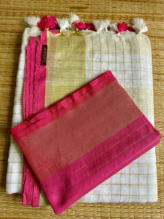 തുമ്പപ്പൂ 🩷 ( Pink Linen Soft Cotton Saree with Matching Blouse piece)