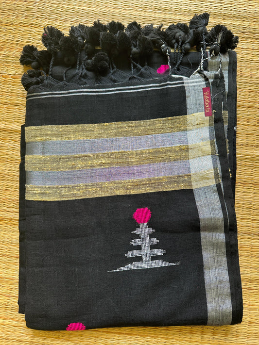 Black Charm🖤 🩷🌷(Premium Linen Soft Cotton Saree with Running Blouse piece)