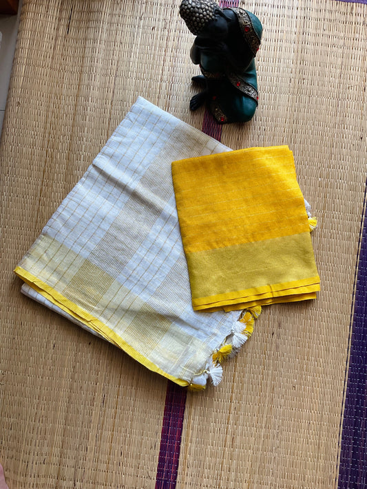 തുമ്പപ്പൂ💛( Yellow  Linen Soft Cotton Saree with Matching Blouse piece)