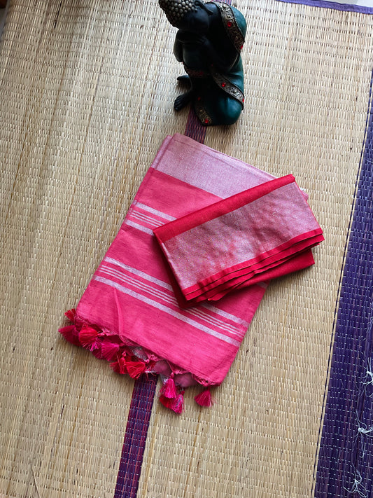 Rosy Bae 🌷( Pink - Red Linen Soft Cotton Saree with Matching Blouse piece)
