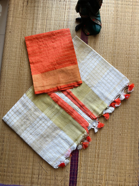 തുമ്പപ്പൂ🧡( Orange  Linen Soft Cotton Saree with Matching Blouse piece)