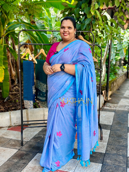 Mul Cotton leaf embroidery Saree