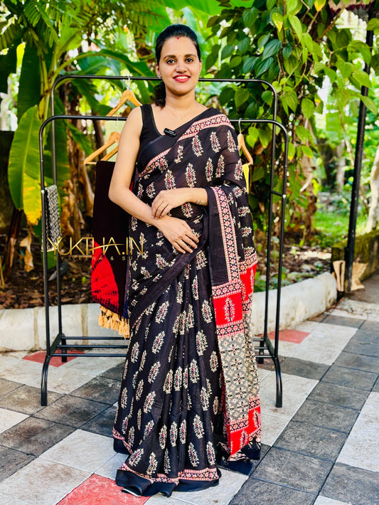 Black Handprinted Cotton Saree