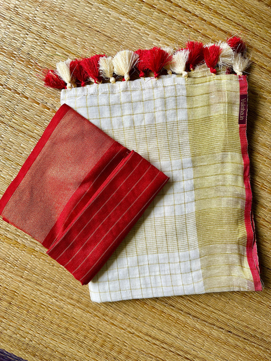 തുമ്പപ്പൂ ❤️ ( Red Linen Soft Cotton Saree with Matching Blouse piece). Prebooking dispatch  Aug 3