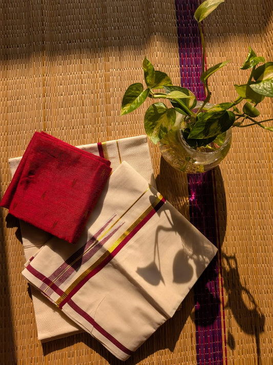 ചുട്ടി കര Maroon ❤️ (Set mund with Blouse piece)(Dispatch April 8th -Pre book)