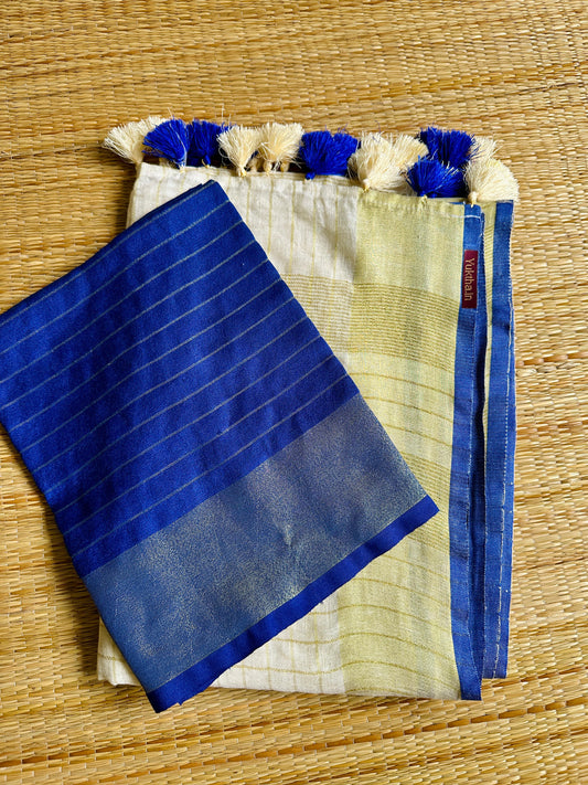 തുമ്പപ്പൂ 🪻 ( Navy Blue LinenSoft Cotton Saree with Matching Blouse piece) Prebooking dispatch  Aug 3
