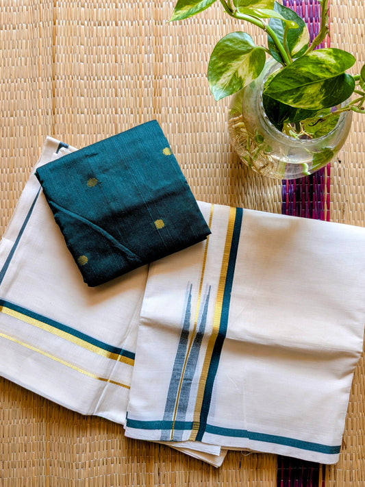 ചുട്ടി കര Bottle green ❤️ (Set mund with Blouse piece)